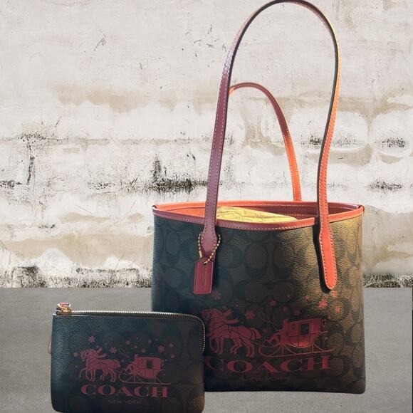 Coach Mini City Tote In Signature Canvas With Horse And Sleigh & Wristlet - Picture 3 of 14